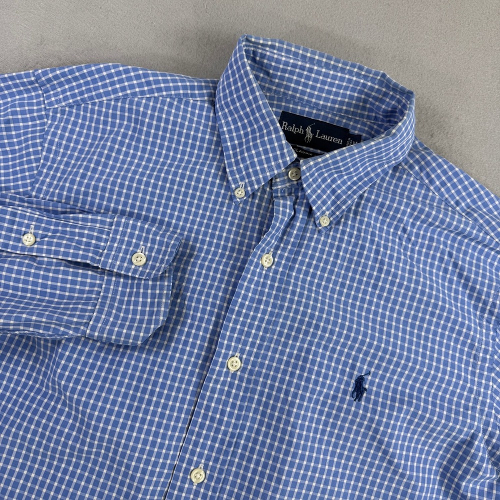 Ralph Lauren Button Down Shirt Men Medium Blue Gingham Plaid Classic Long Sleeve